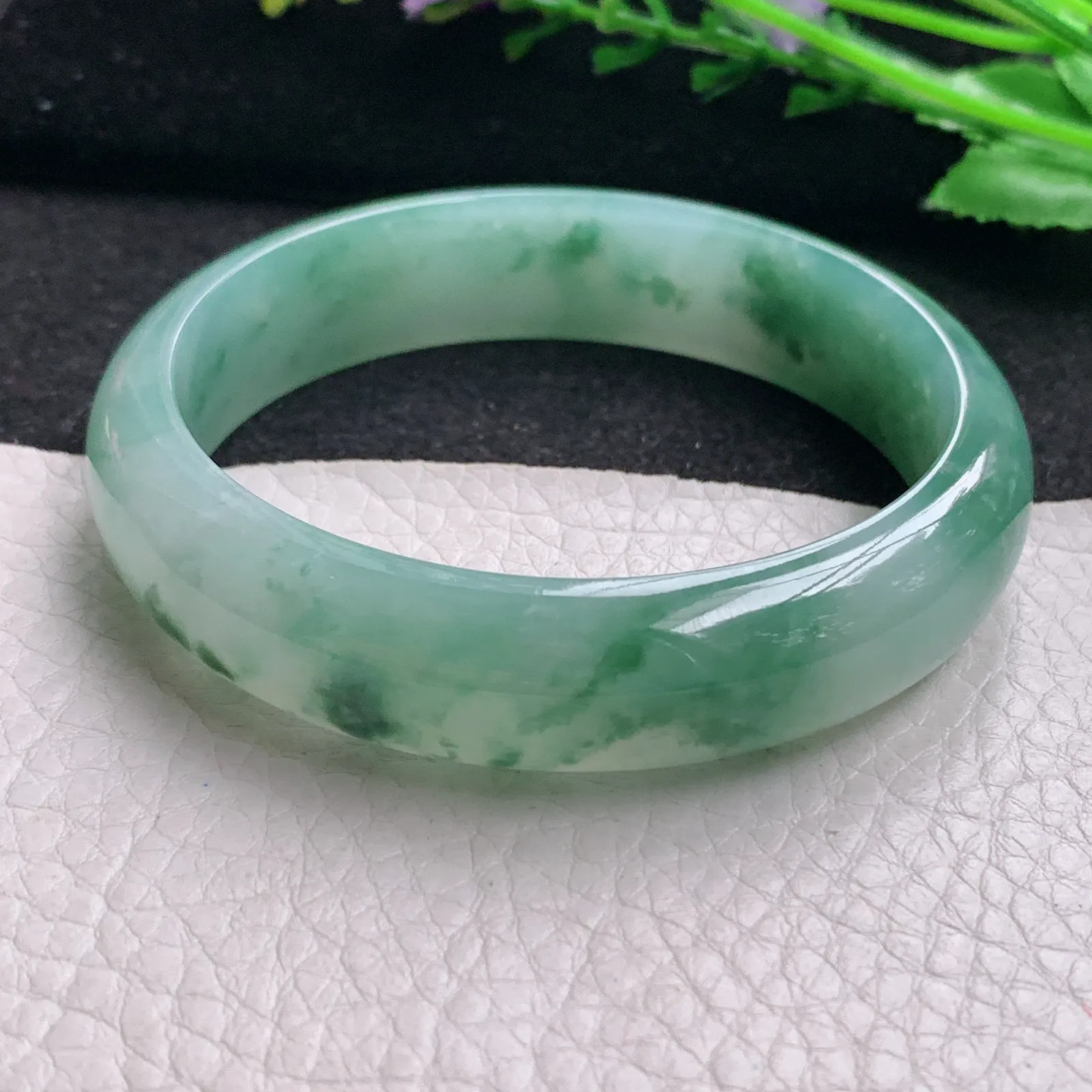 js实拍58.5*14.2*7.2平安镯 缅甸翡翠精美冰飘花宽边玉手镯 玉手环
