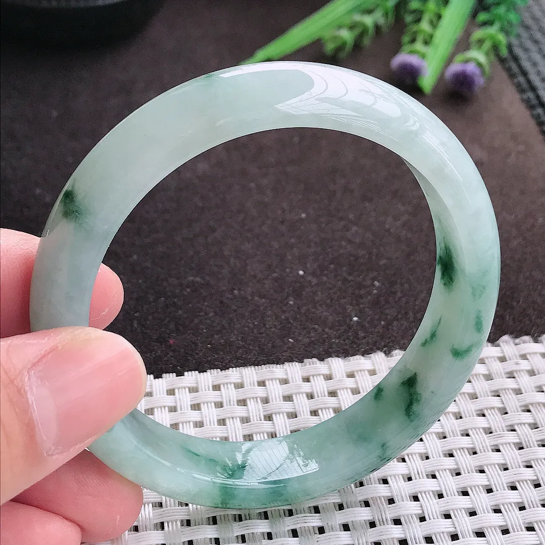 实拍A货翡翠56/13/7.8老坑冰润起胶冰飘花手镯宽边翡翠玉镯女款