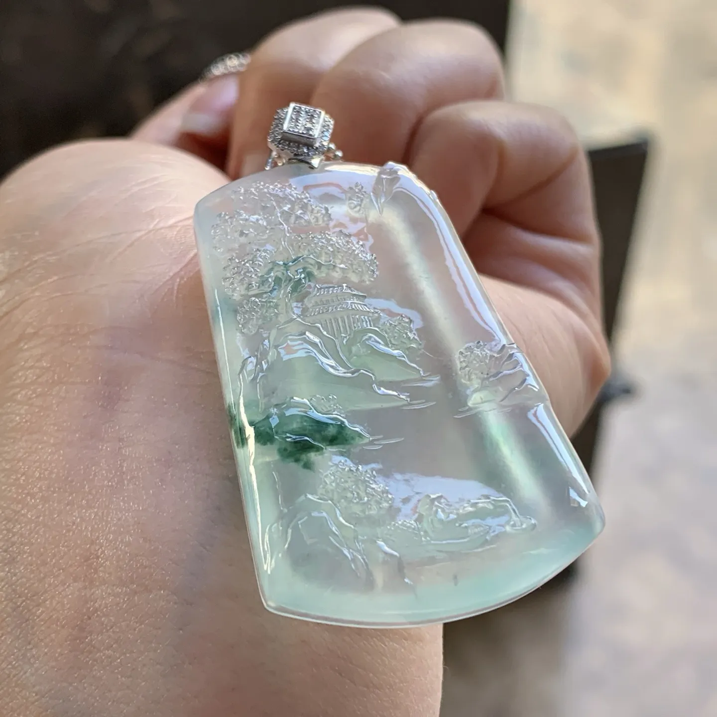 金扣蓝花山水牌^_^冰透 飘花灵韵 尺寸47-30-6.5mm