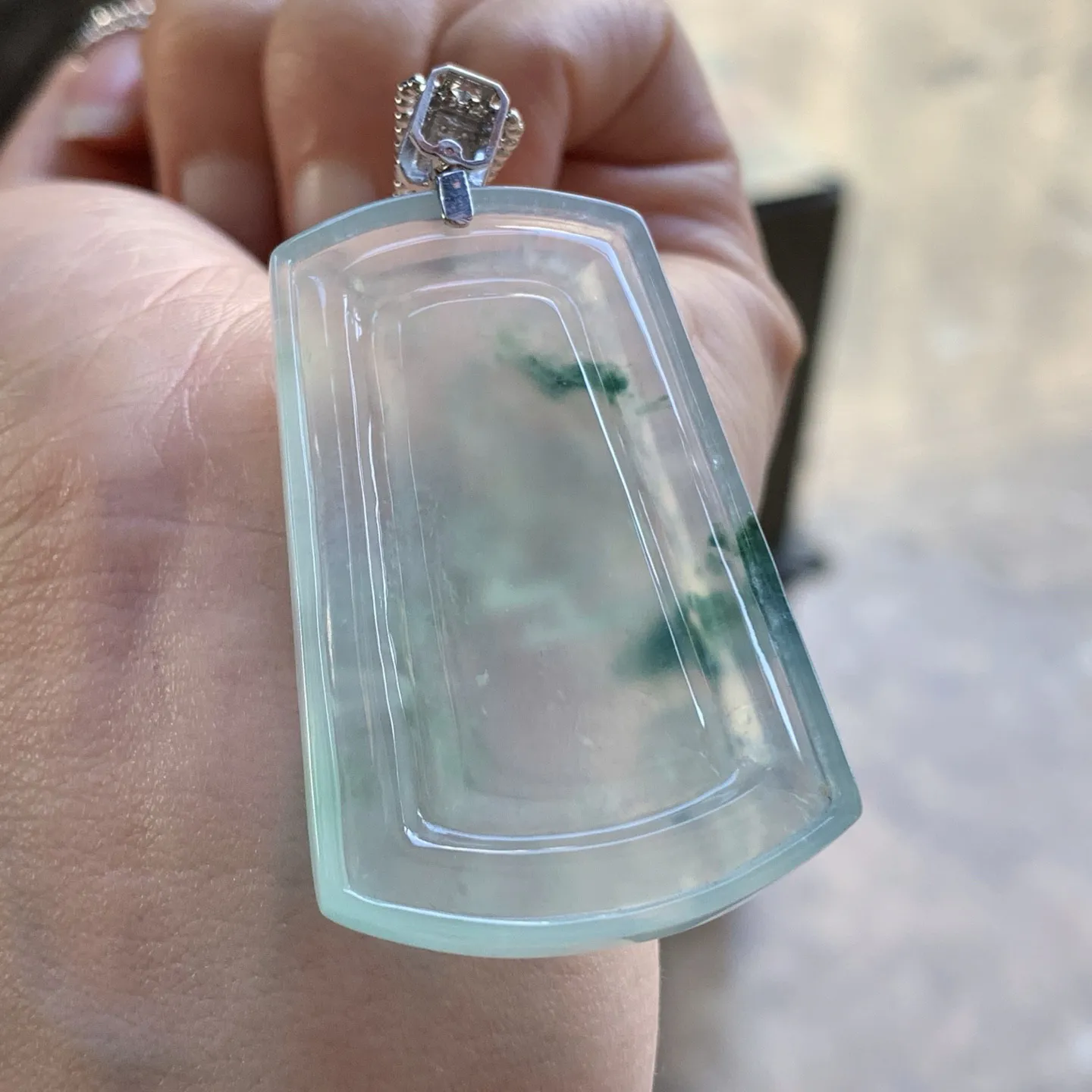 金扣蓝花山水牌^_^冰透 飘花灵韵 尺寸47-30-6.5mm