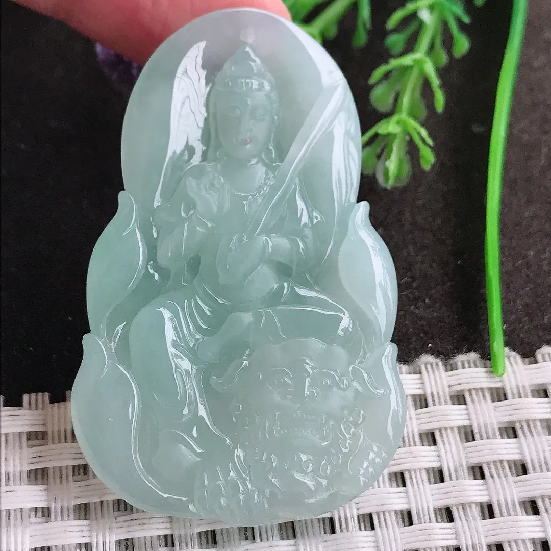 实拍A货翡翠52.6/34.3/6老坑冰润起胶冰晴底文殊菩萨吊坠翡翠守护神挂件