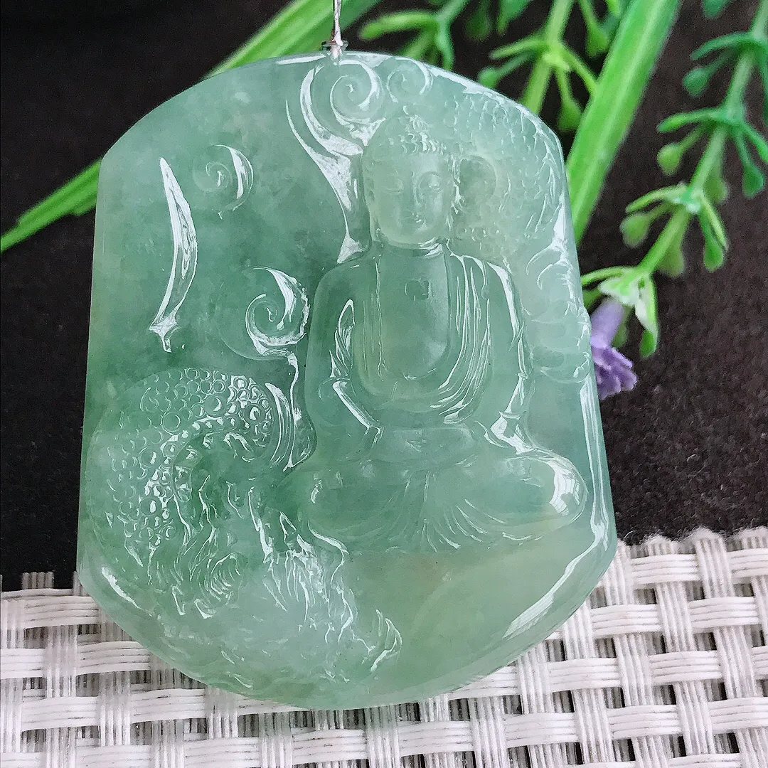 实拍A货翡翠50.5/41.7/5.5老坑冰胶果冻冰晴满甜绿如来佛祖吊坠翡翠挂件