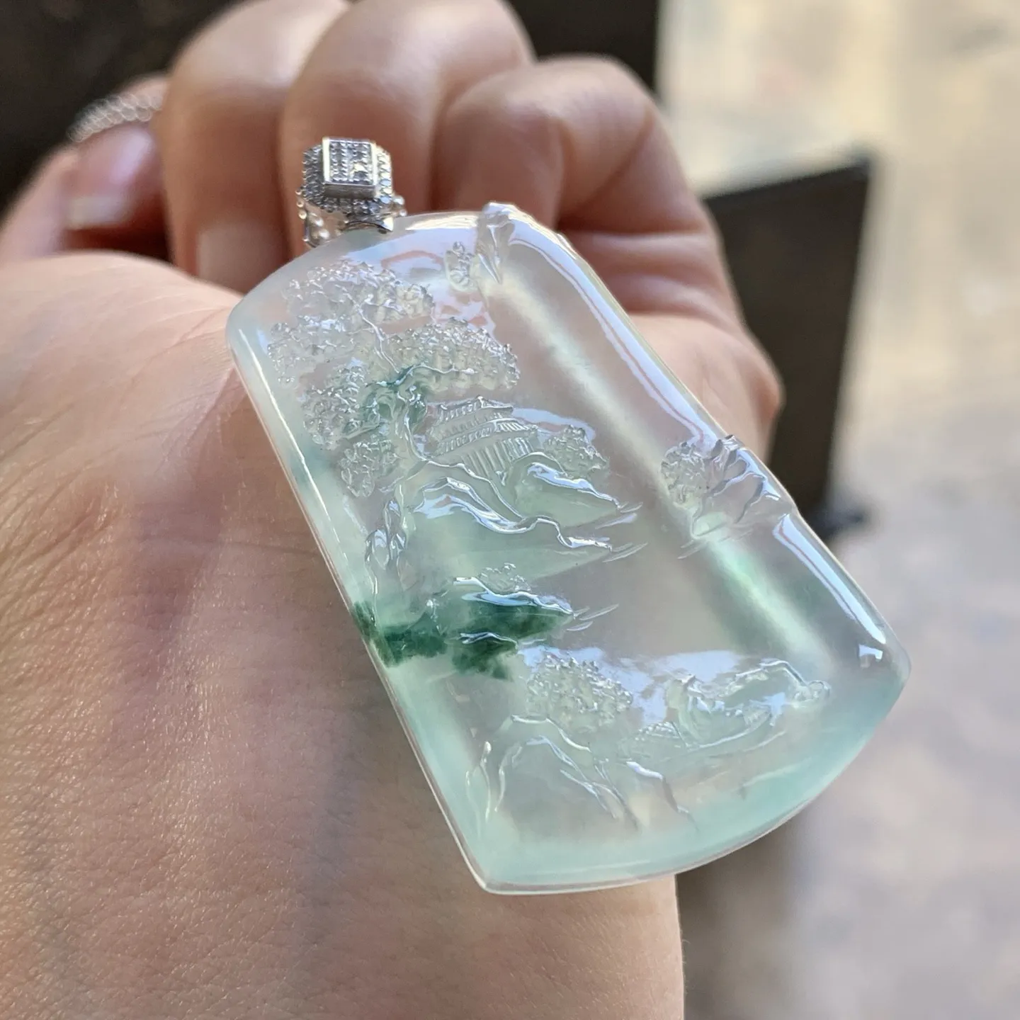 金扣蓝花山水牌^_^冰透 飘花灵韵 尺寸47-30-6.5mm