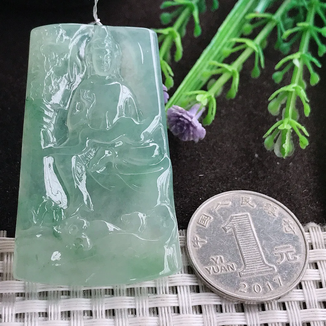 实拍A货翡翠50/31.7/5.8老坑冰胶果冻冰晴甜绿赐福观音吊坠翡翠挂件