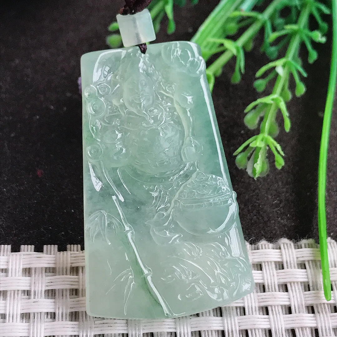 实拍A货翡翠47.2/29.5/5.8老坑冰胶果冻冰晴绿财神爷吊坠翡翠挂件