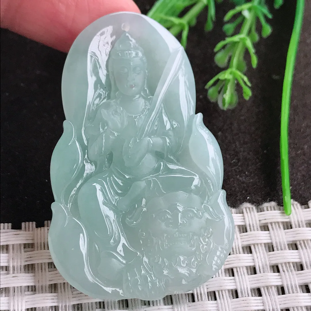 实拍A货翡翠52.6/34.3/6老坑冰润起胶冰晴底文殊菩萨吊坠翡翠守护神挂件