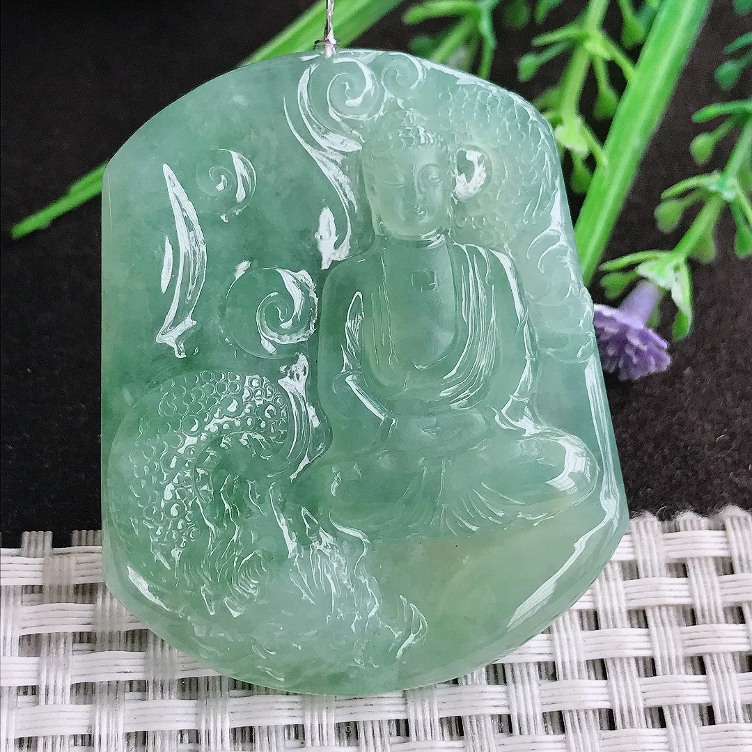 实拍A货翡翠50.5/41.7/5.5老坑冰胶果冻冰晴满甜绿如来佛祖吊坠翡翠挂件