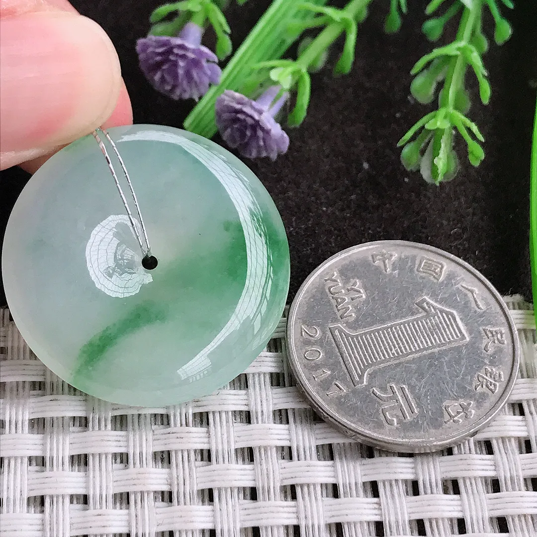 实拍A货翡翠29.8/6老坑冰胶水灵飘绿平安扣吊坠翡翠玉扣挂件