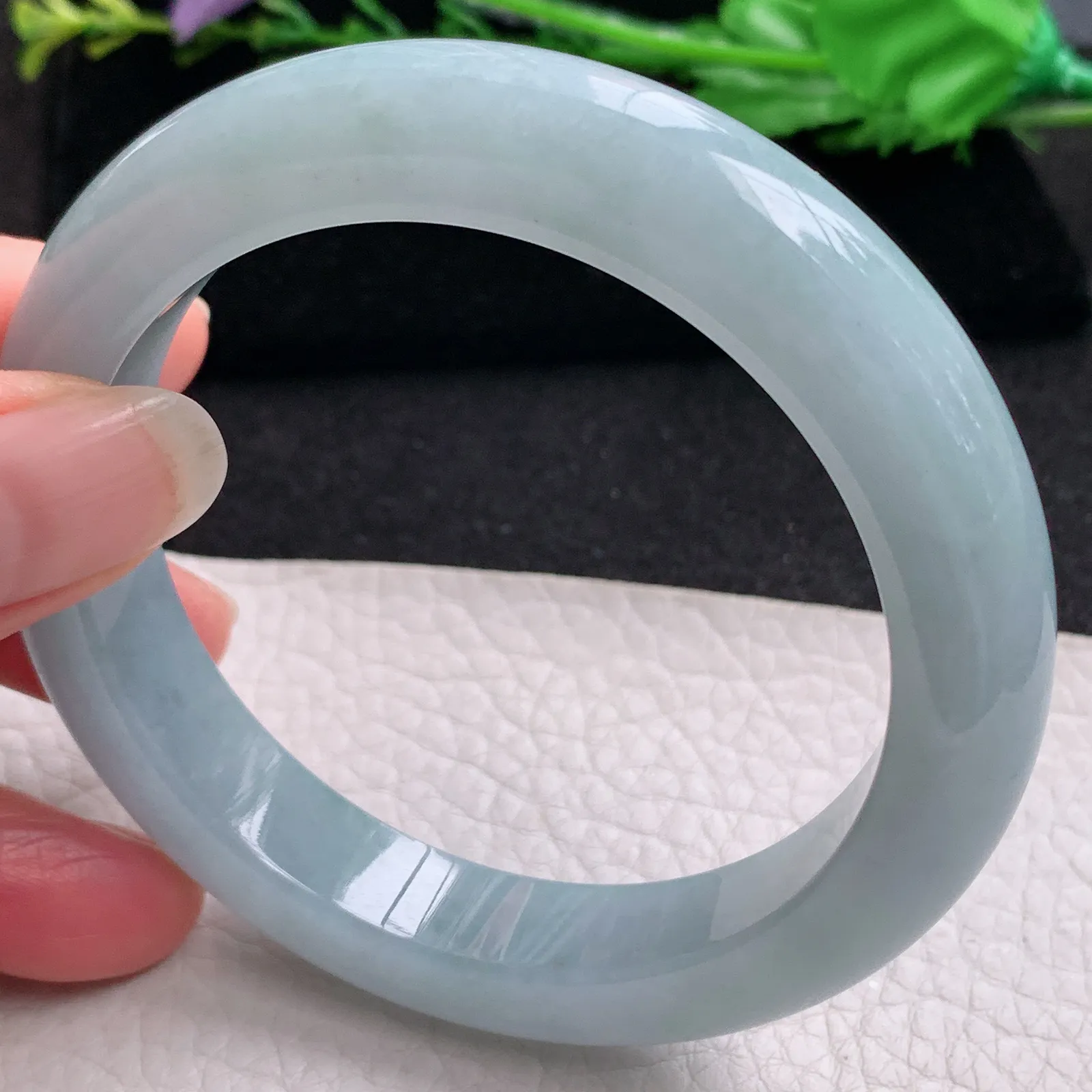 ee实拍59*12*9.7平安镯 缅甸翡翠精美冰胶蓝韵宽边玉手镯 玉手环