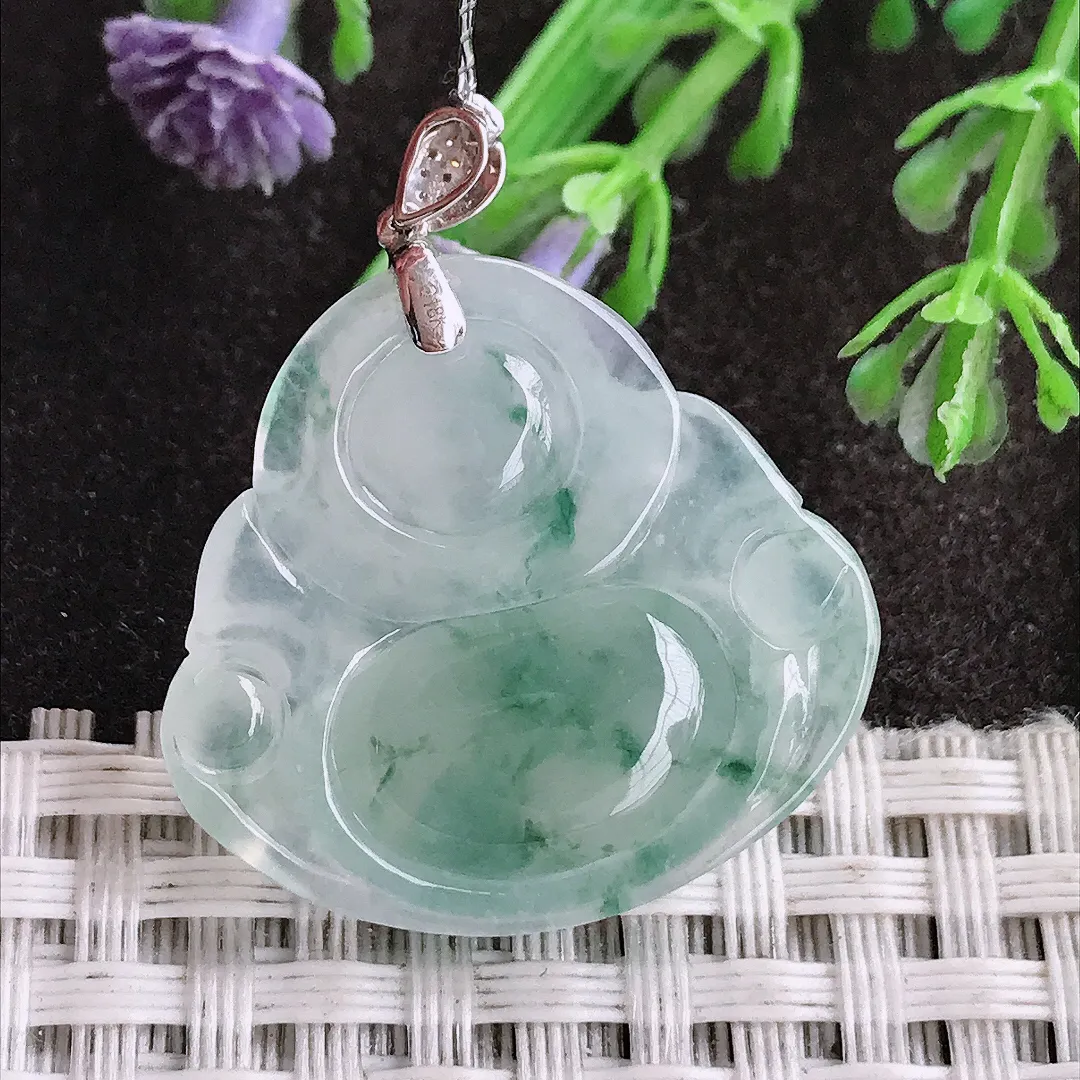 实拍A货翡翠25.3/27/5.9老坑18k金镶嵌冰飘花佛公吊坠翡翠挂件