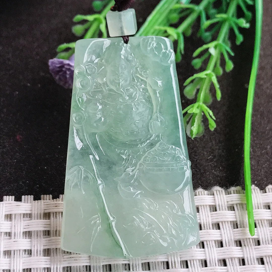 实拍A货翡翠47.2/29.5/5.8老坑冰胶果冻冰晴绿财神爷吊坠翡翠挂件