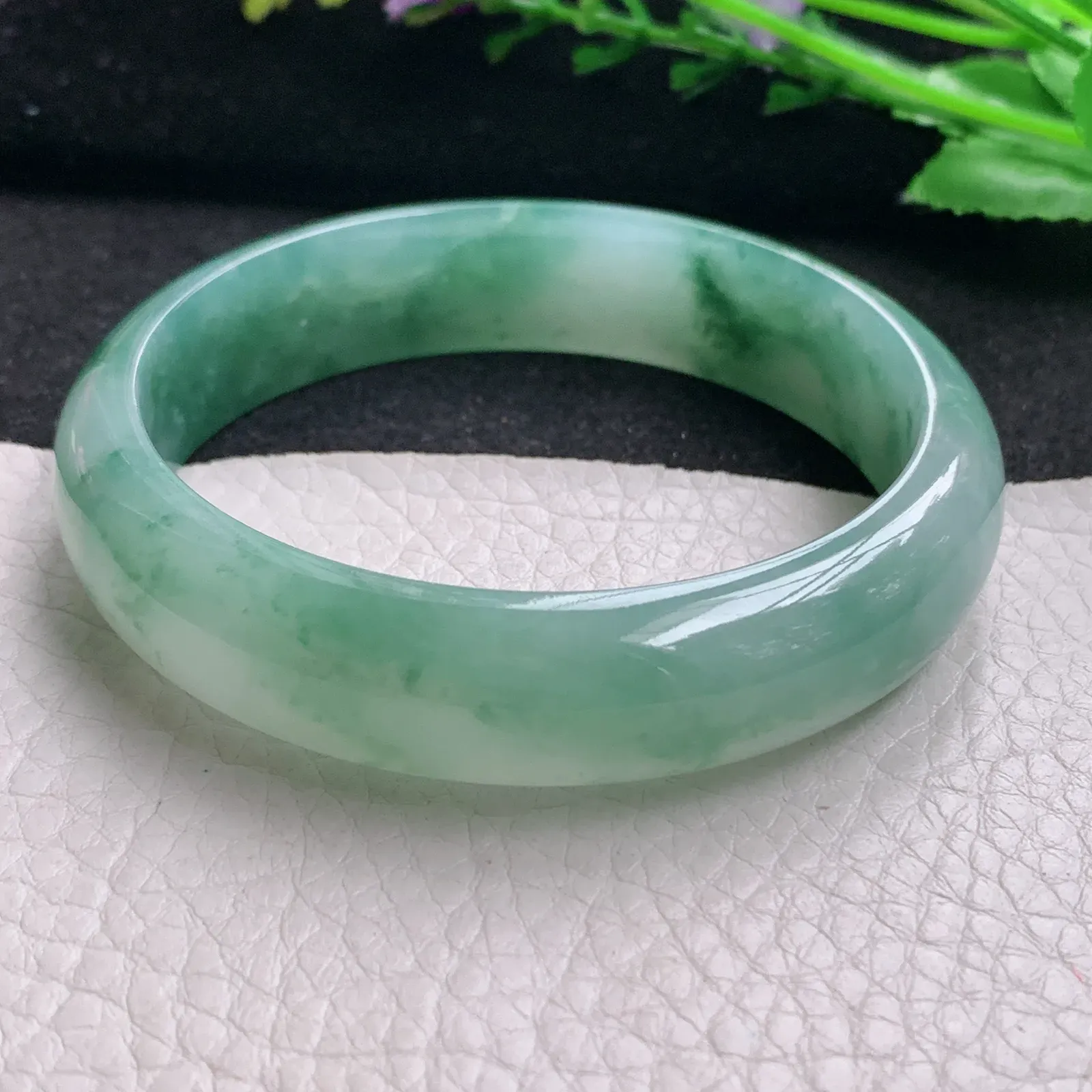 js实拍58.5*14.2*7.2平安镯 缅甸翡翠精美冰飘花宽边玉手镯 玉手环