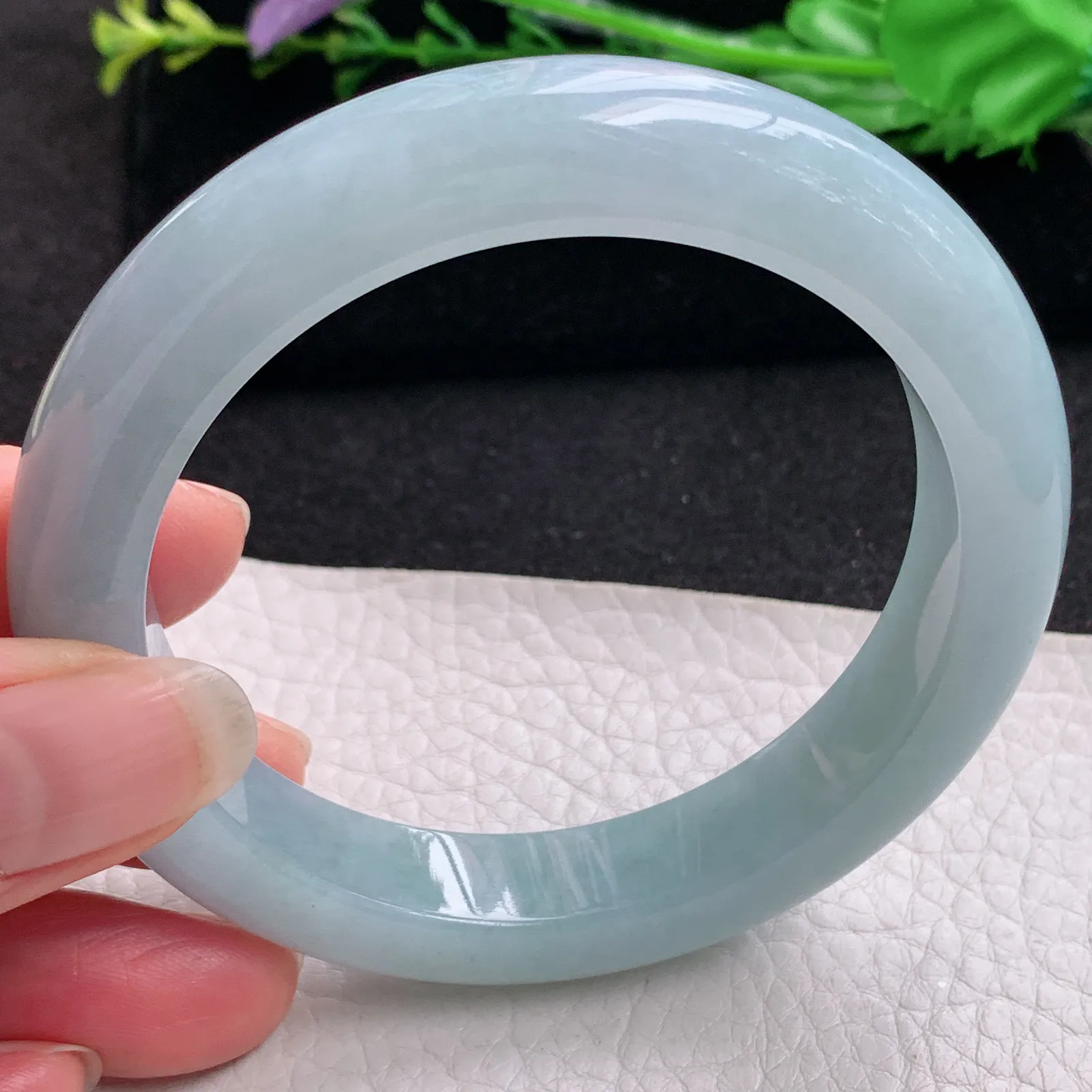 ee实拍59*12*9.7平安镯 缅甸翡翠精美冰胶蓝韵宽边玉手镯 玉手环