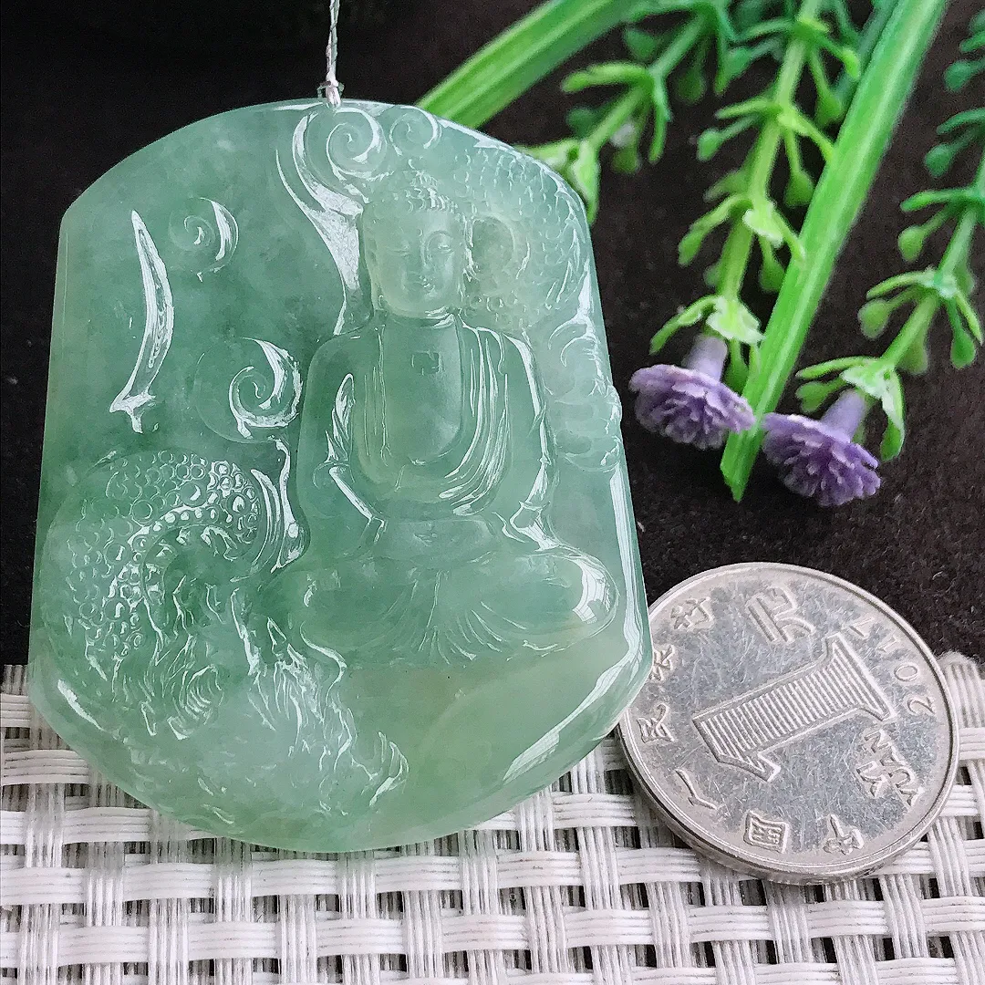 实拍A货翡翠50.5/41.7/5.5老坑冰胶果冻冰晴满甜绿如来佛祖吊坠翡翠挂件