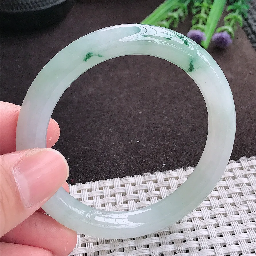 实拍A货翡翠53.5/9老坑冰胶水灵飘花圆条手镯翡翠玉镯女款