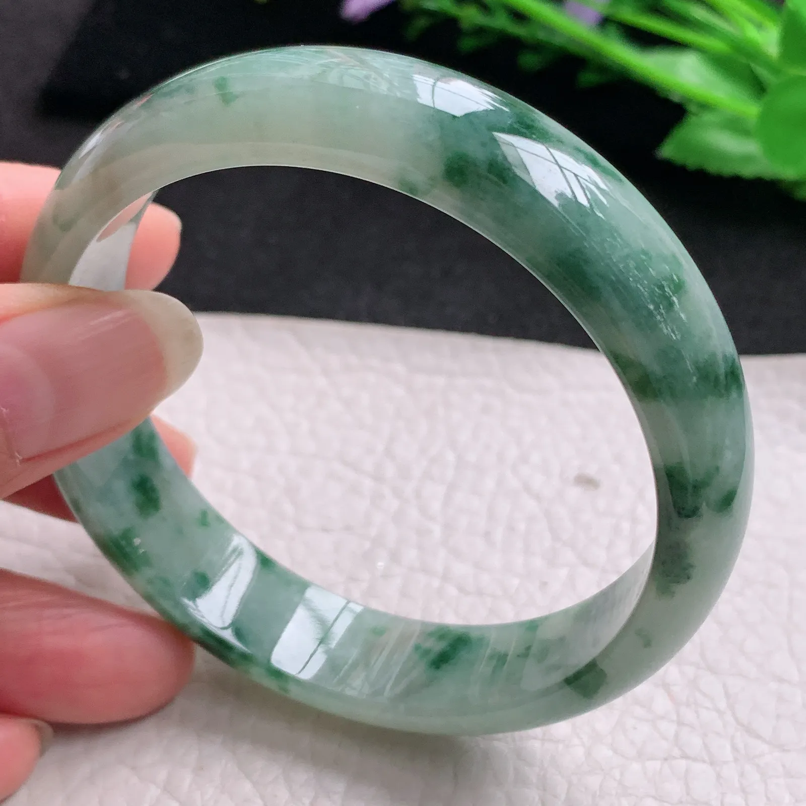 js实拍58.5*14.2*7.2平安镯 缅甸翡翠精美飘花宽边玉手镯 玉手环