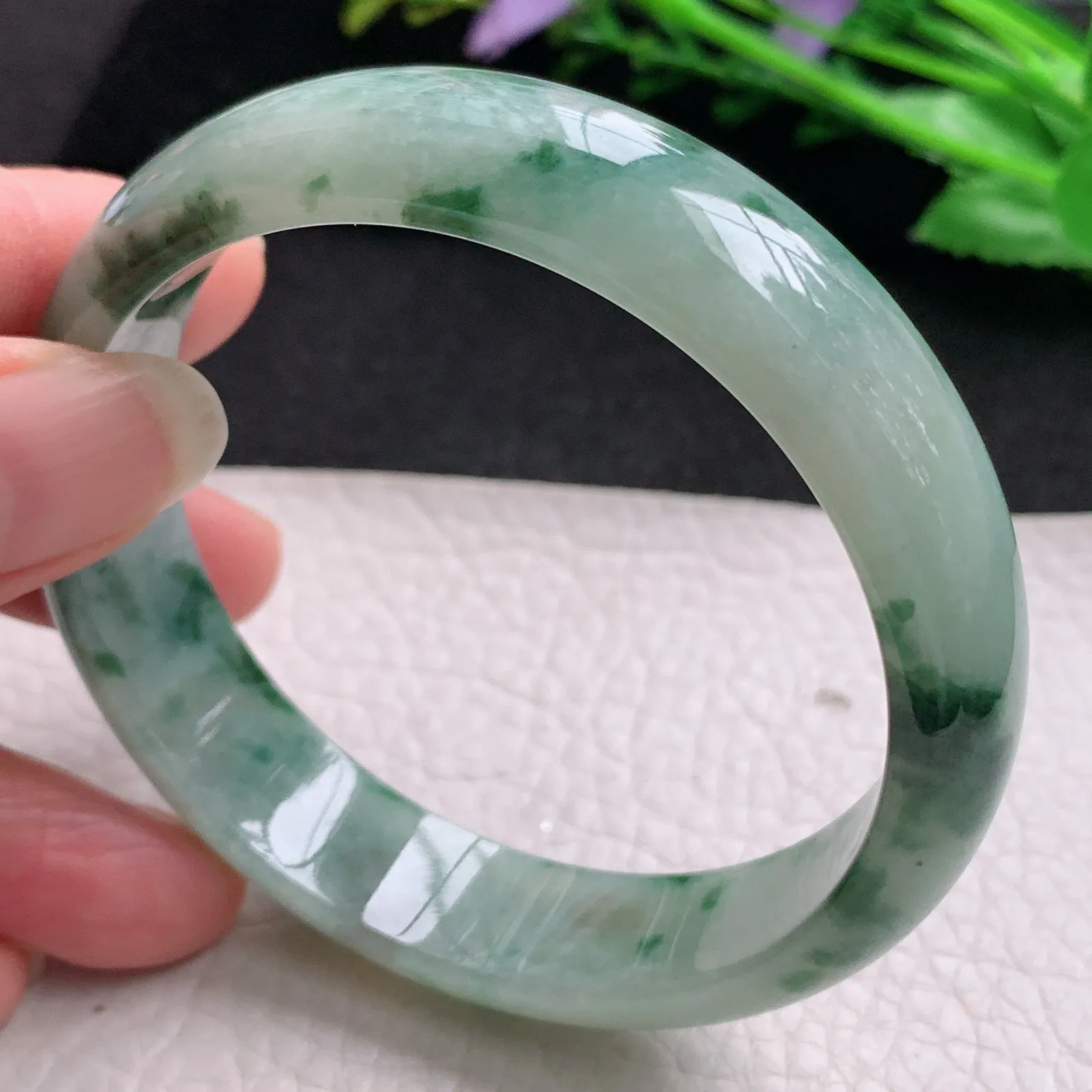 js实拍58.5*14.2*7.2平安镯 缅甸翡翠精美飘花宽边玉手镯 玉手环