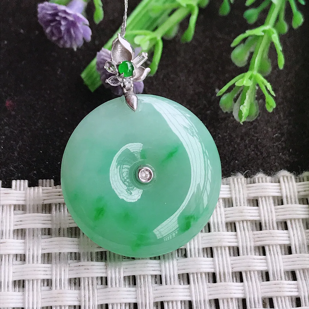 实拍A货翡翠25/6.1老坑18k金镶嵌冰润飘阳绿平安扣吊坠翡翠挂件