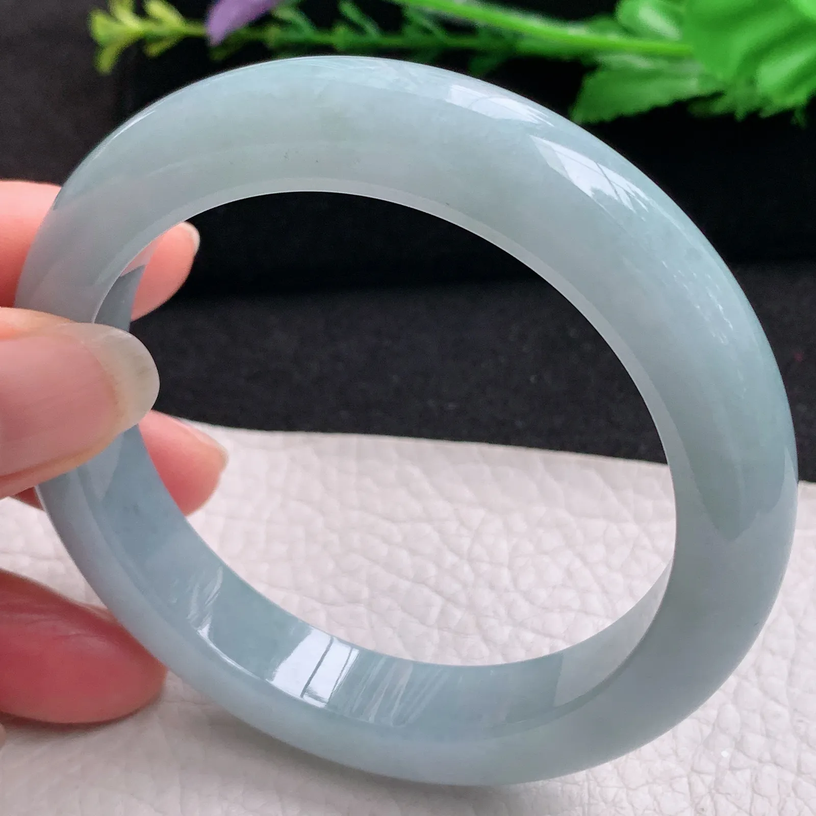 ee实拍59*12*9.7平安镯 缅甸翡翠精美冰胶蓝韵宽边玉手镯 玉手环