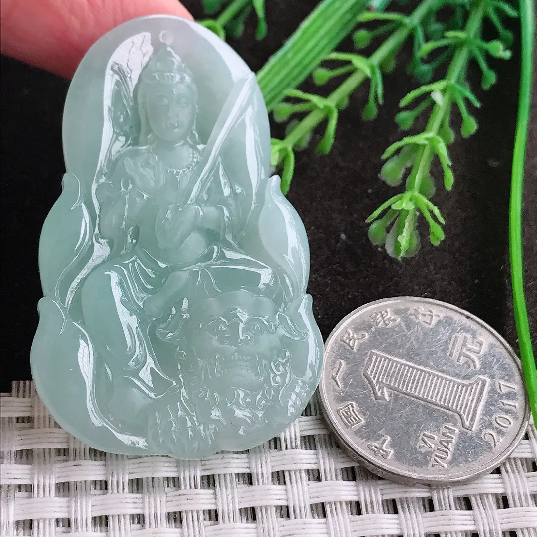 实拍A货翡翠52.6/34.3/6老坑冰润起胶冰晴底文殊菩萨吊坠翡翠守护神挂件