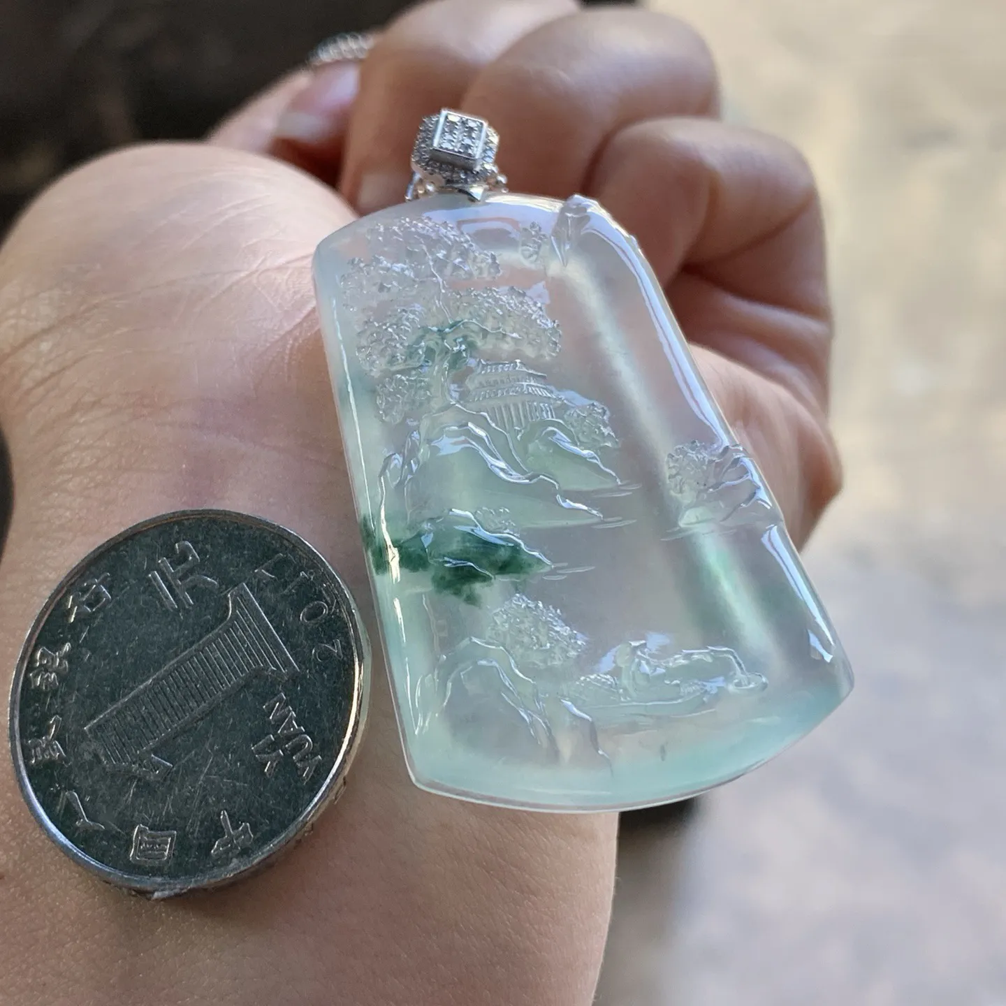 金扣蓝花山水牌^_^冰透 飘花灵韵 尺寸47-30-6.5mm