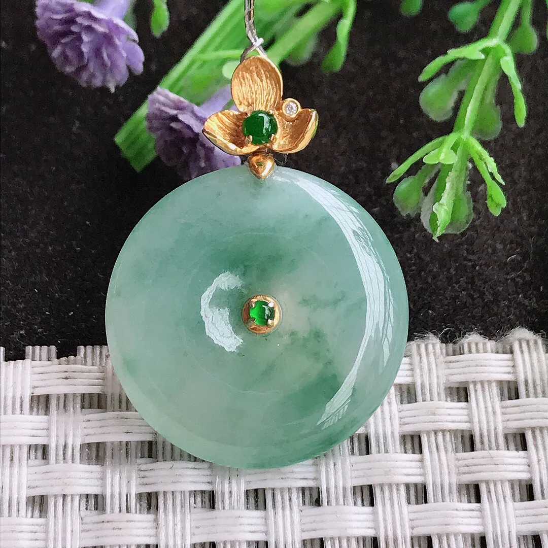 实拍A货翡翠23.5/5.3老坑18k金镶嵌冰胶果冻飘花平安扣吊坠翡翠玉扣挂件