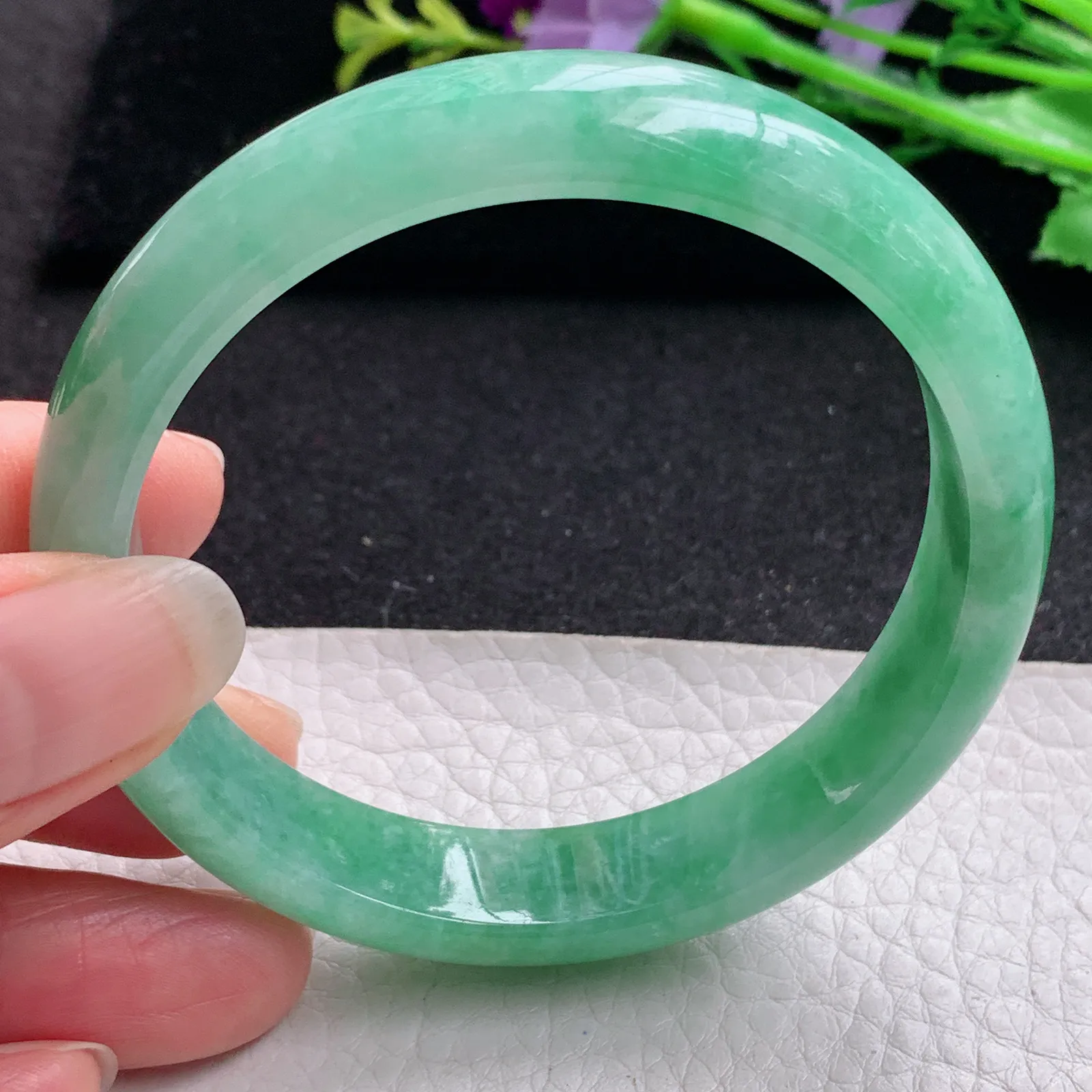 xh实拍57*12.8*7.2平安镯 缅甸翡翠精美满绿水润宽边玉手镯 玉手环