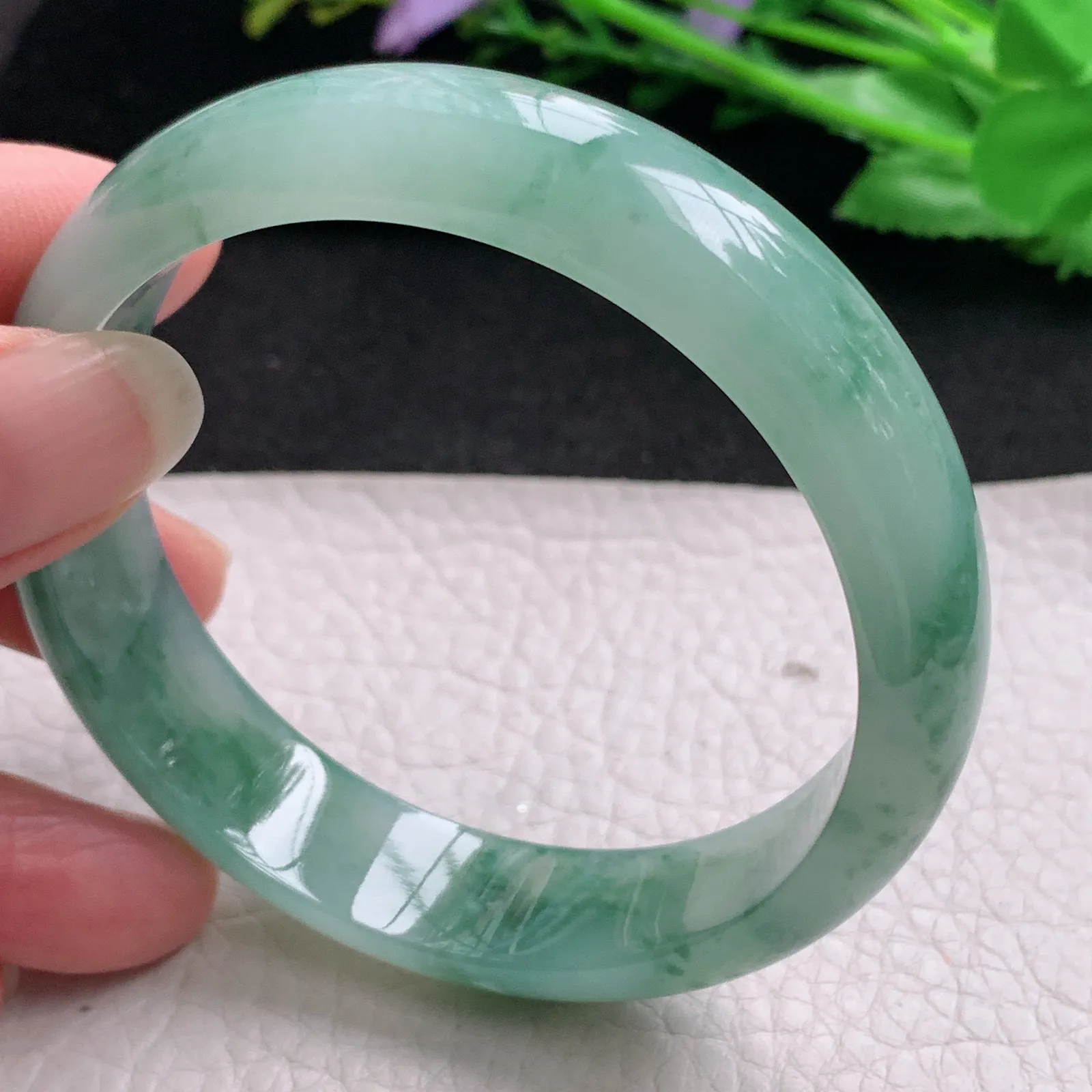 js实拍58.5*14.2*7.2平安镯 缅甸翡翠精美冰飘花宽边玉手镯 玉手环