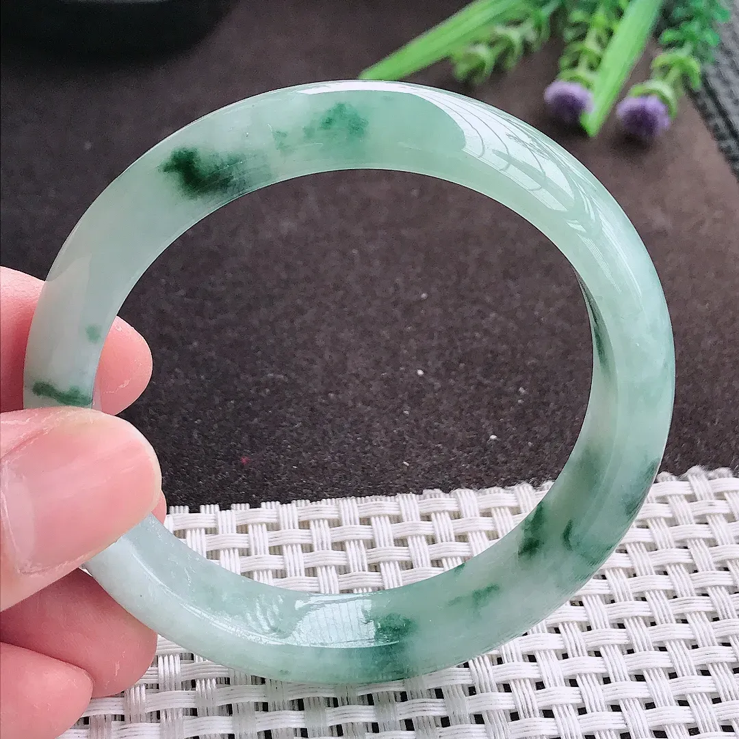 实拍A货翡翠56/13/7.8老坑冰润起胶冰飘花手镯宽边翡翠玉镯女款