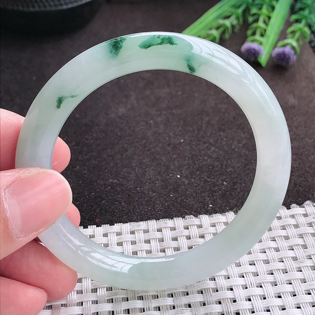 实拍A货翡翠53.5/9老坑冰胶水灵飘花圆条手镯翡翠玉镯女款
