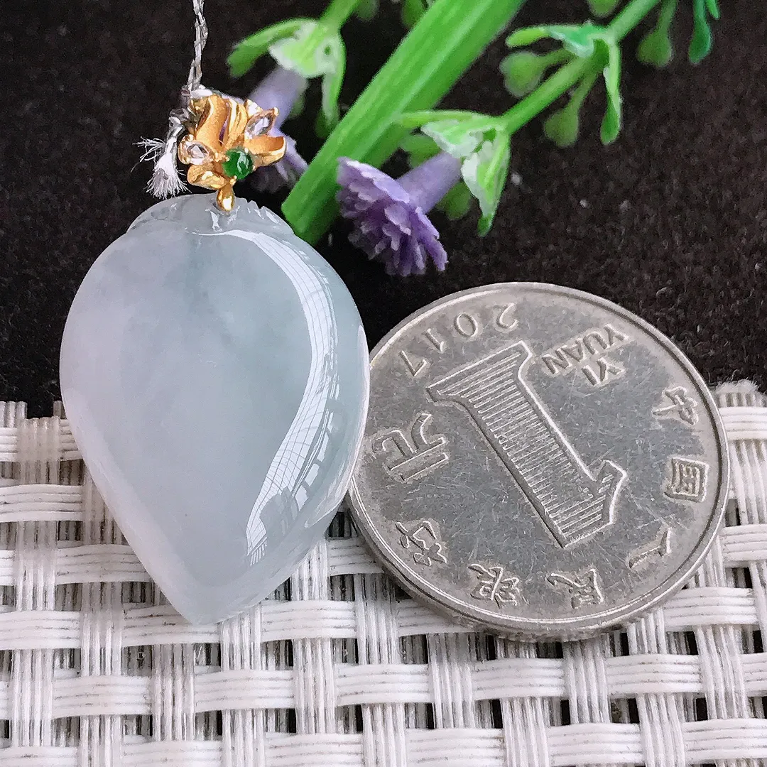 实拍A货翡翠26.4/19/8.3老坑18k金镶嵌冰胶水灵桃子寿桃吊坠翡翠挂件