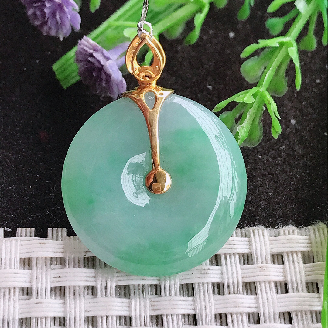 实拍A货翡翠24.3/6老坑18k金镶嵌油润飘绿平安扣吊坠翡翠挂件