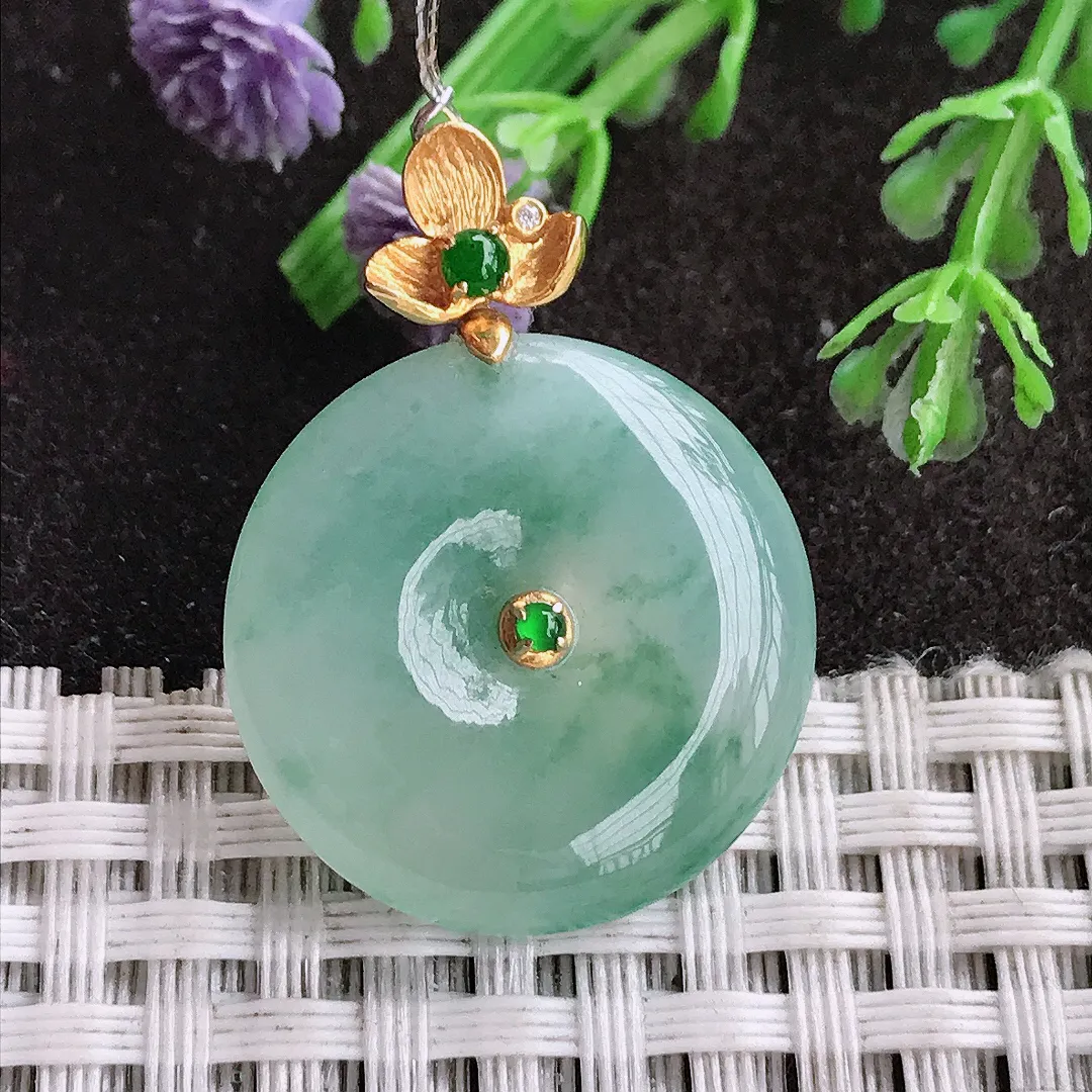 实拍A货翡翠23.5/5.3老坑18k金镶嵌冰胶果冻飘花平安扣吊坠翡翠玉扣挂件