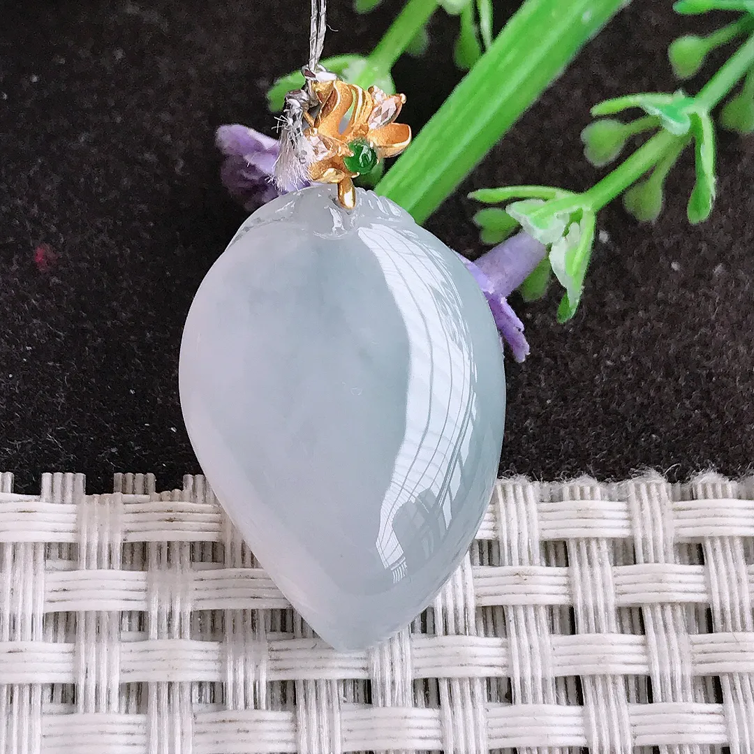 实拍A货翡翠26.4/19/8.3老坑18k金镶嵌冰胶水灵桃子寿桃吊坠翡翠挂件