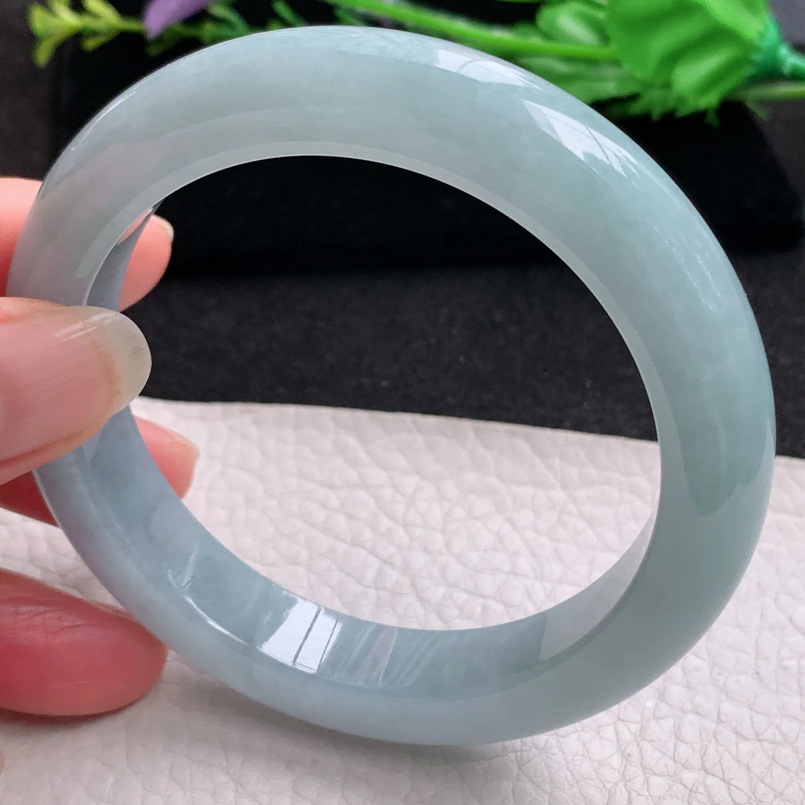 ee实拍59*12*9.7平安镯 缅甸翡翠精美冰胶蓝韵宽边玉手镯 玉手环