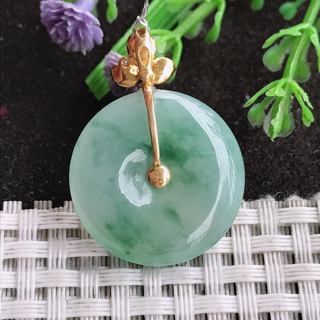 实拍A货翡翠23.5/5.3老坑18k金镶嵌冰胶果冻飘花平安扣吊坠翡翠玉扣挂件