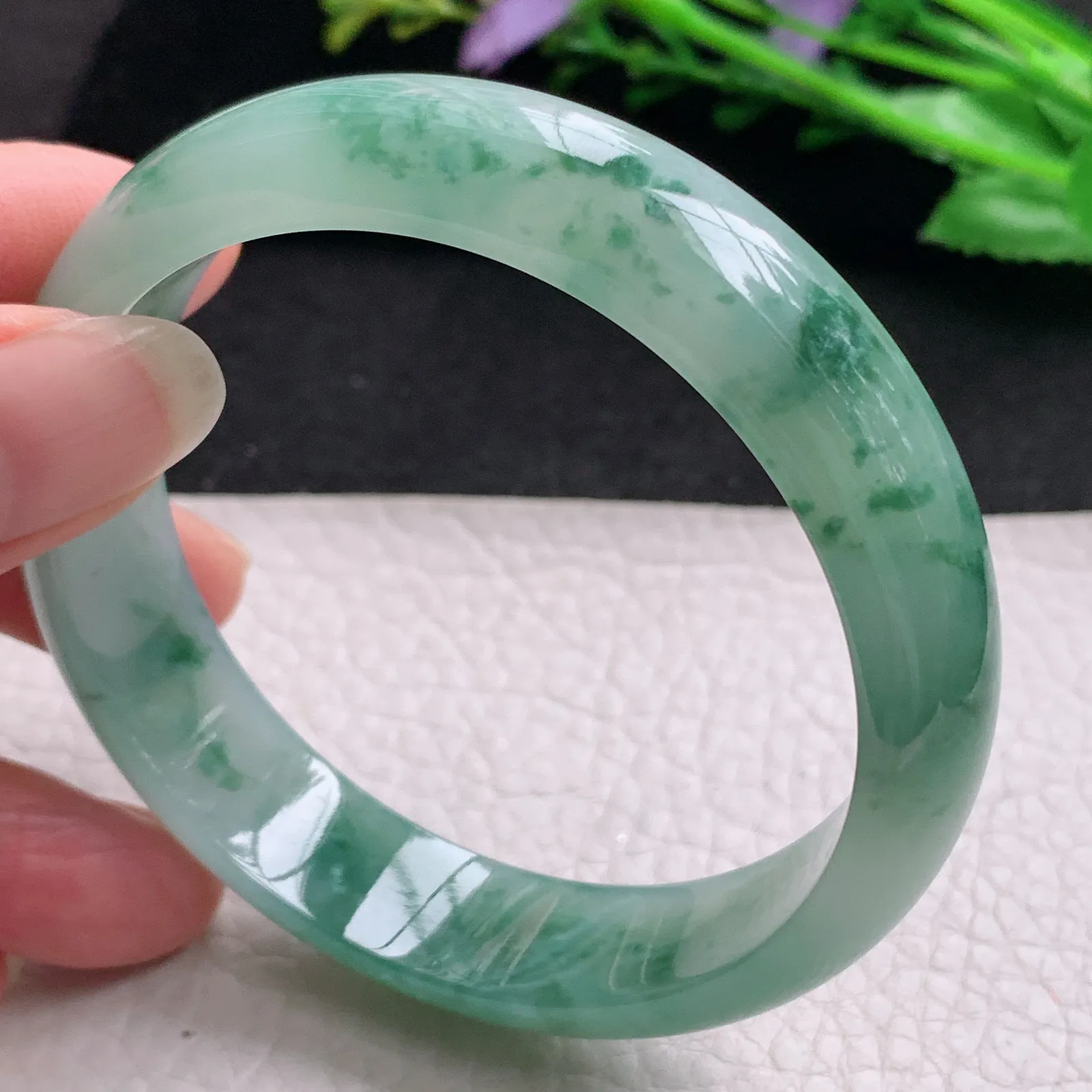 js实拍58.5*14.2*7.2平安镯 缅甸翡翠精美冰飘花宽边玉手镯 玉手环