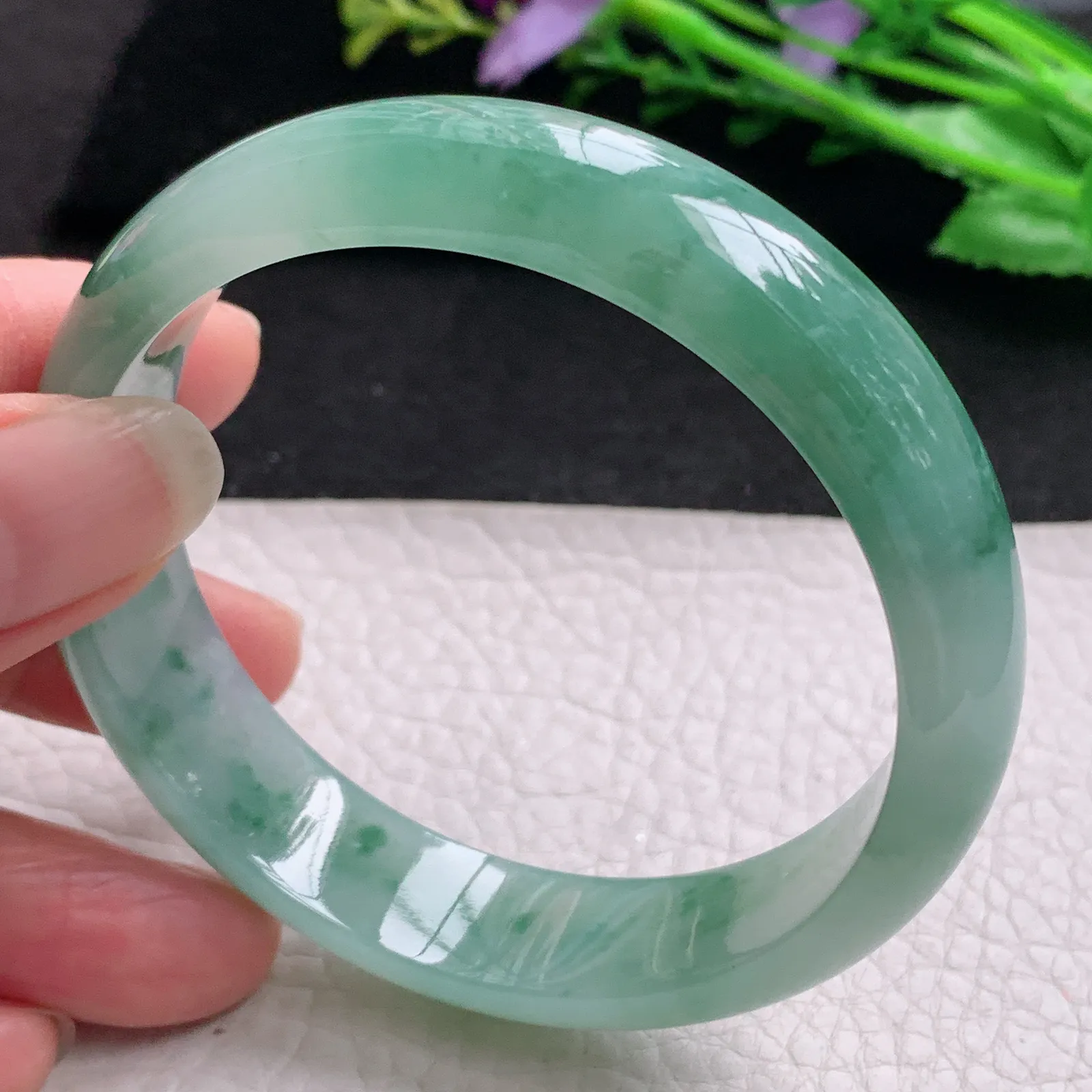 js实拍58.5*14.2*7.2平安镯 缅甸翡翠精美冰飘花宽边玉手镯 玉手环