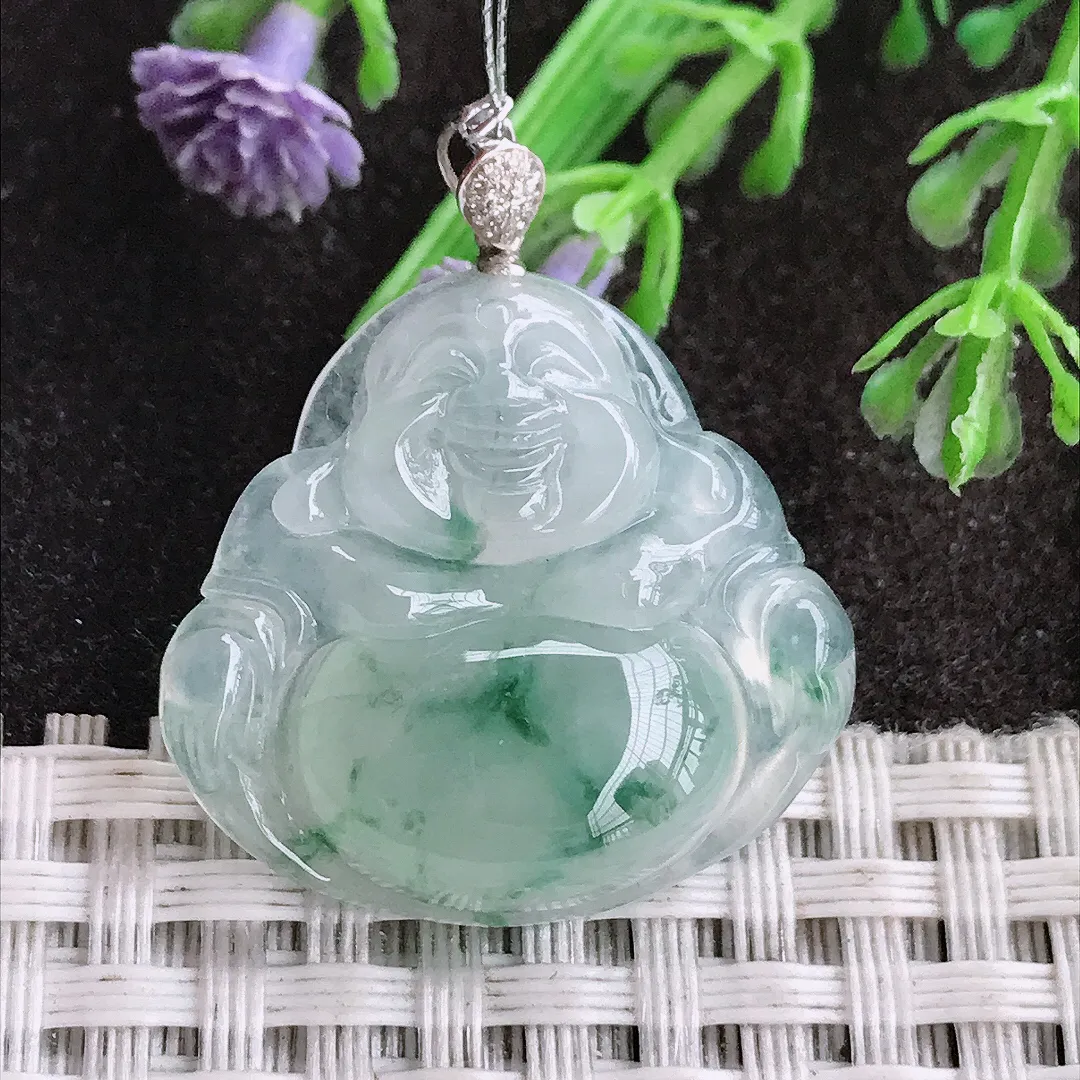 实拍A货翡翠25.3/27/5.9老坑18k金镶嵌冰飘花佛公吊坠翡翠挂件