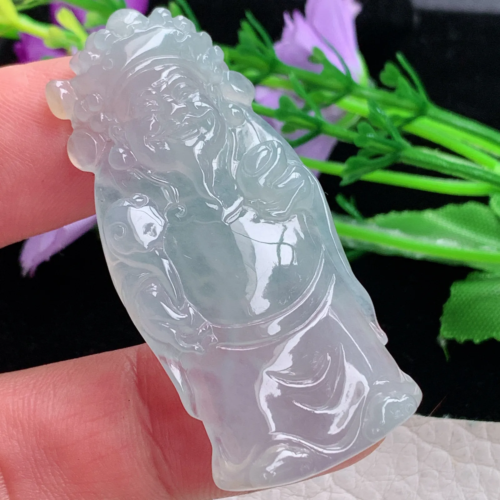 lz实拍52.8*24.5*5.6缅甸翡翠精雕冰晴立体财神爷 财爷玉吊坠 玉挂坠