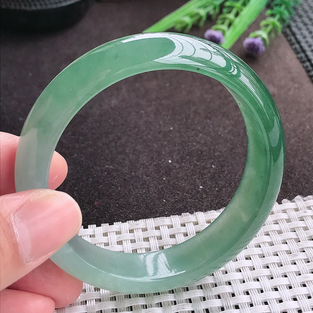 实拍A货翡翠57.5/15/7.8老坑冰胶果冻冰晴满油绿手镯宽边轮胎镯女款