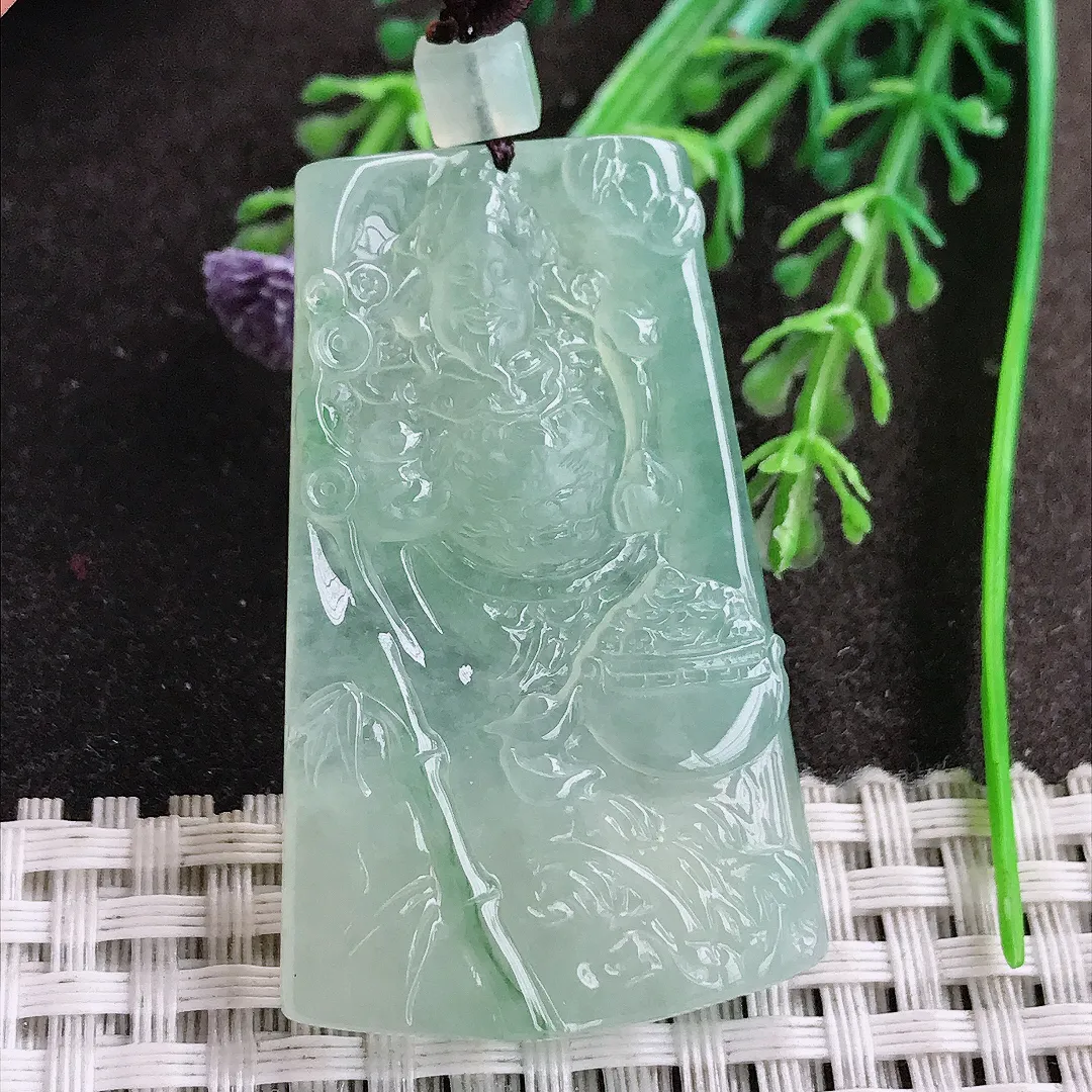 实拍A货翡翠47.2/29.5/5.8老坑冰胶果冻冰晴绿财神爷吊坠翡翠挂件