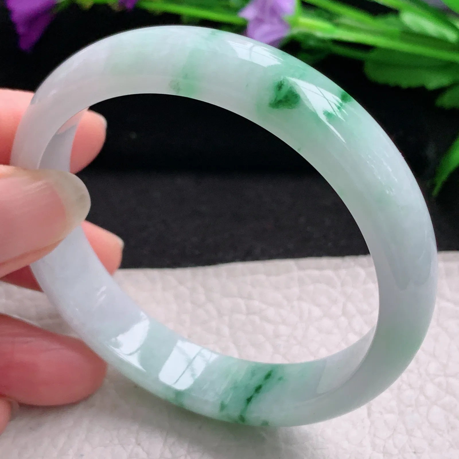 hy实拍57*12.6*7平安镯 缅甸翡翠精美冰飘花宽边玉手镯 玉手环