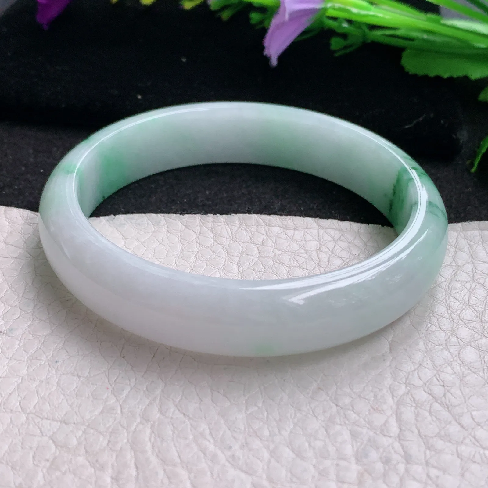 hy实拍57*12.6*7平安镯 缅甸翡翠精美冰飘花宽边玉手镯 玉手环