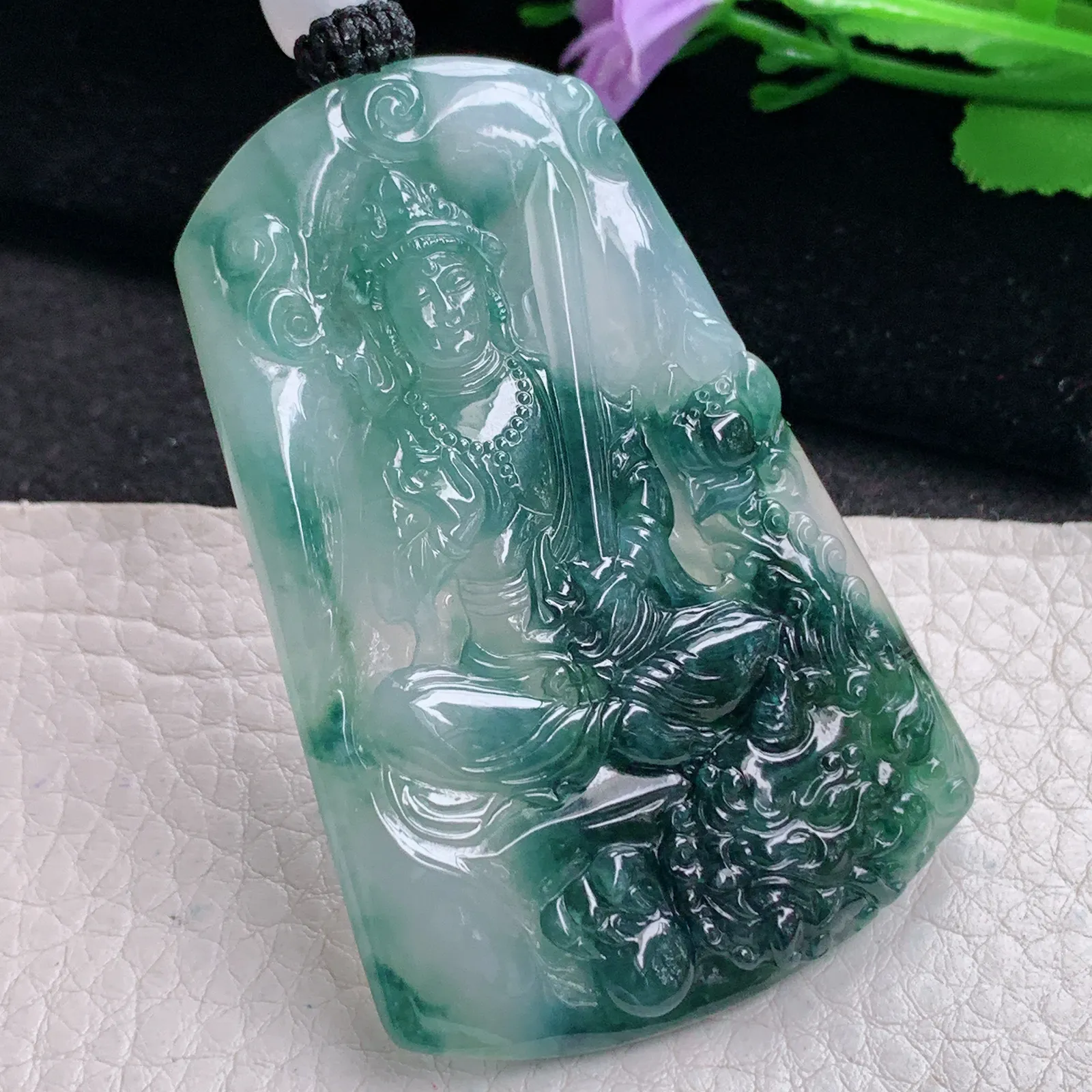 yl实拍63.5*42.8*6缅甸翡翠精雕文殊菩萨 生肖守护神玉吊坠 玉挂坠