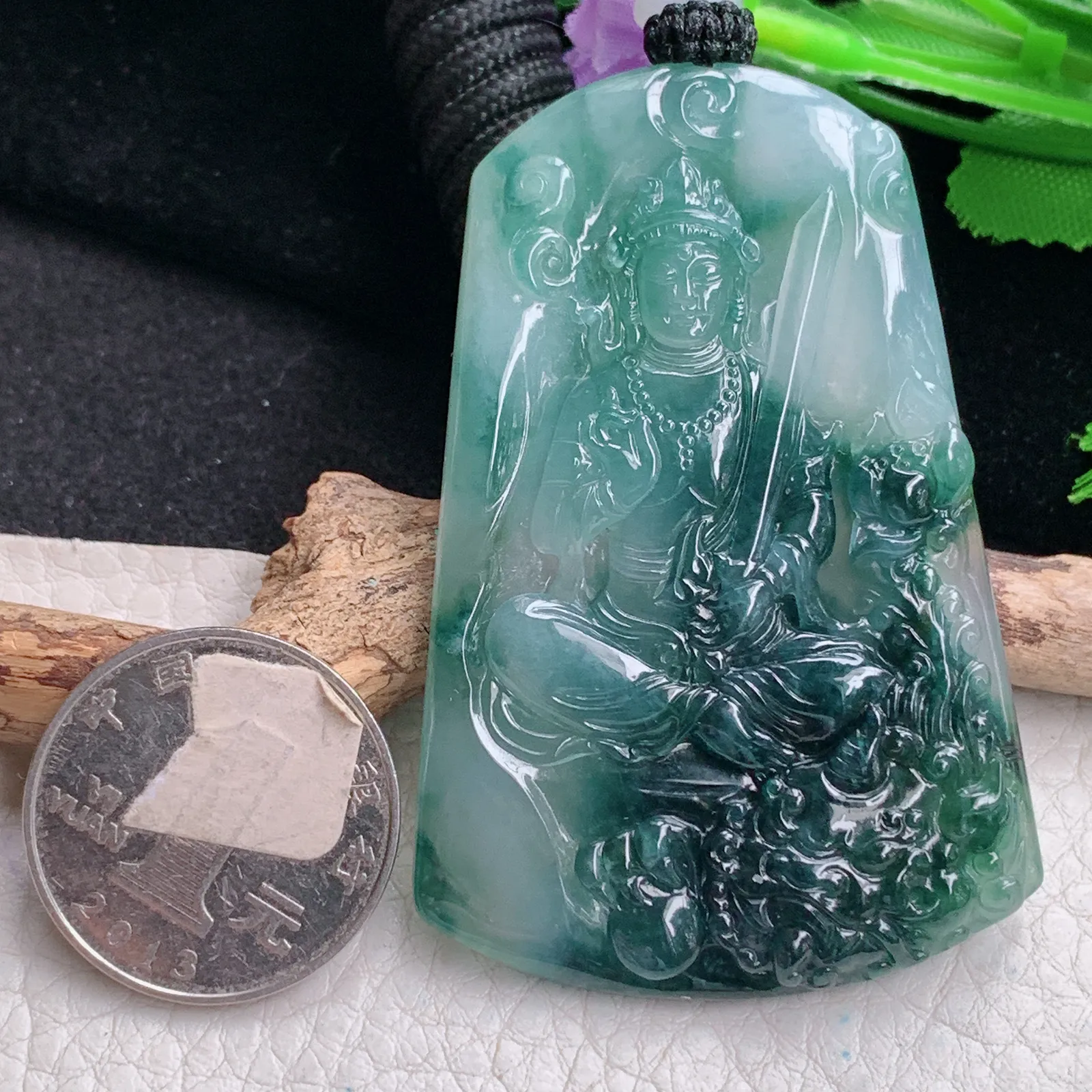yl实拍63.5*42.8*6缅甸翡翠精雕文殊菩萨 生肖守护神玉吊坠 玉挂坠