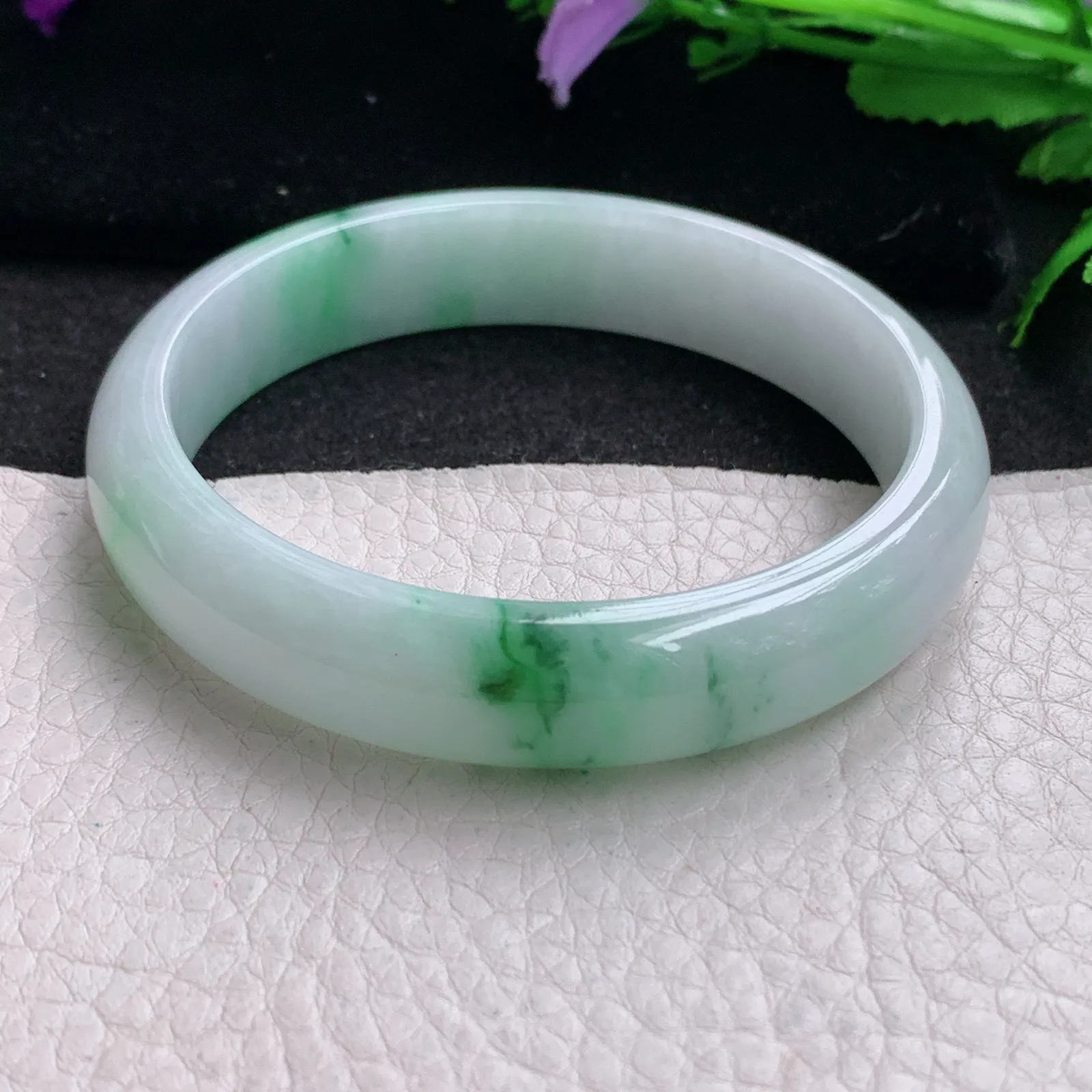 hy实拍57*12.6*7平安镯 缅甸翡翠精美冰飘花宽边玉手镯 玉手环