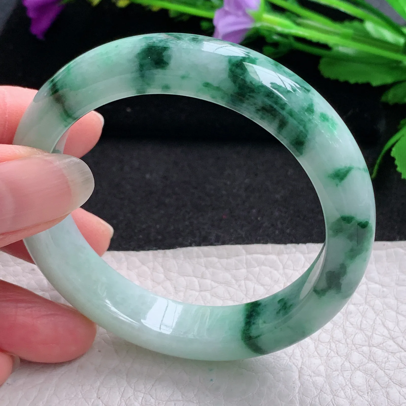hy实拍53.8*12.5*8.5平安镯 缅甸翡翠精美飘花宽边玉手镯 玉手环