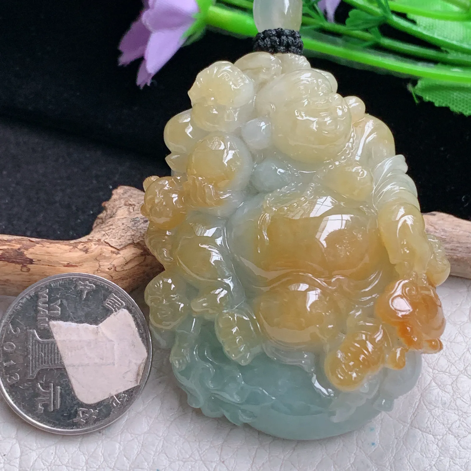 yl实拍60.8*47*19.5缅甸翡翠精雕冰双彩逍遥佛 福上加福玉吊坠 玉挂坠