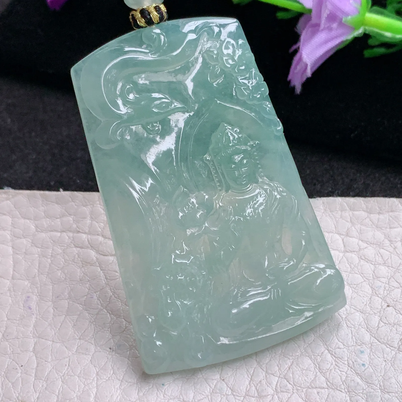 yl实拍56.8*36.5*5.5缅甸翡翠精雕持莲观音 御凤观音玉吊坠 玉挂坠